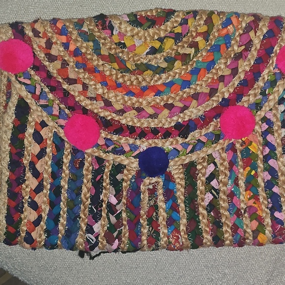 Colorful Woven Clutch with Pom Poms. 16.5 Wide- 12.5 High - Picture 4 of 5